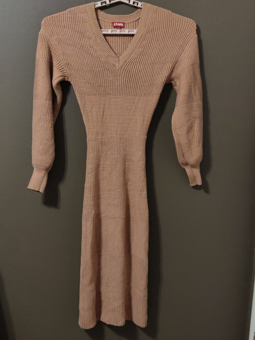 STAUD Carnation Balloon Sleeve Sweater Midi Dress In Camel Size Small - Picture 2 of 6